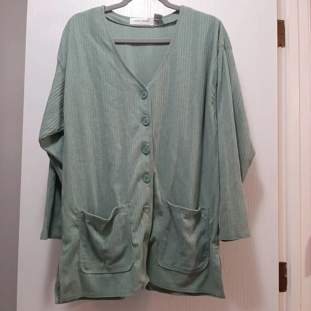Lauren Brooke Cotton Blend Green Button Up Cardigan Front Pockets Grandma Medium
